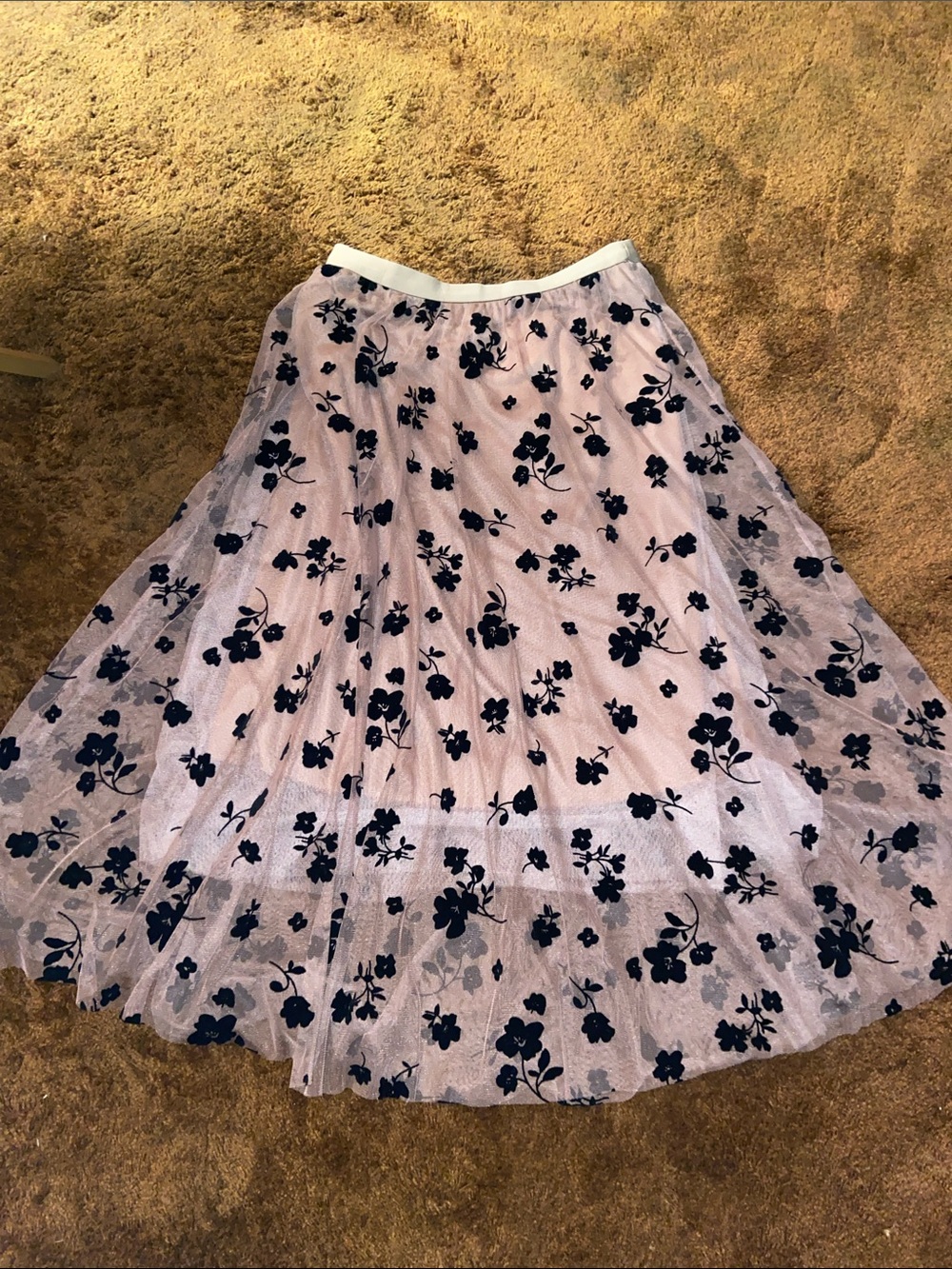SHEIN Brown Tulle Skirt with Black Floral Embroidery